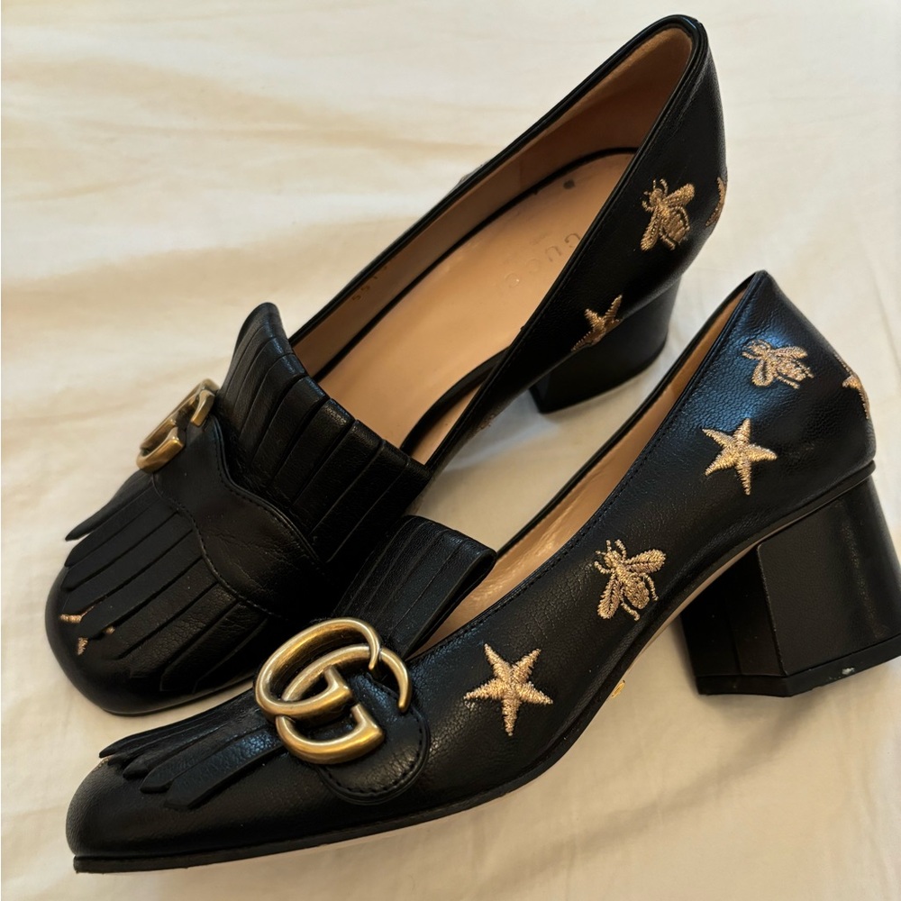 Gucci Marmont Loafer Heels Black Leather